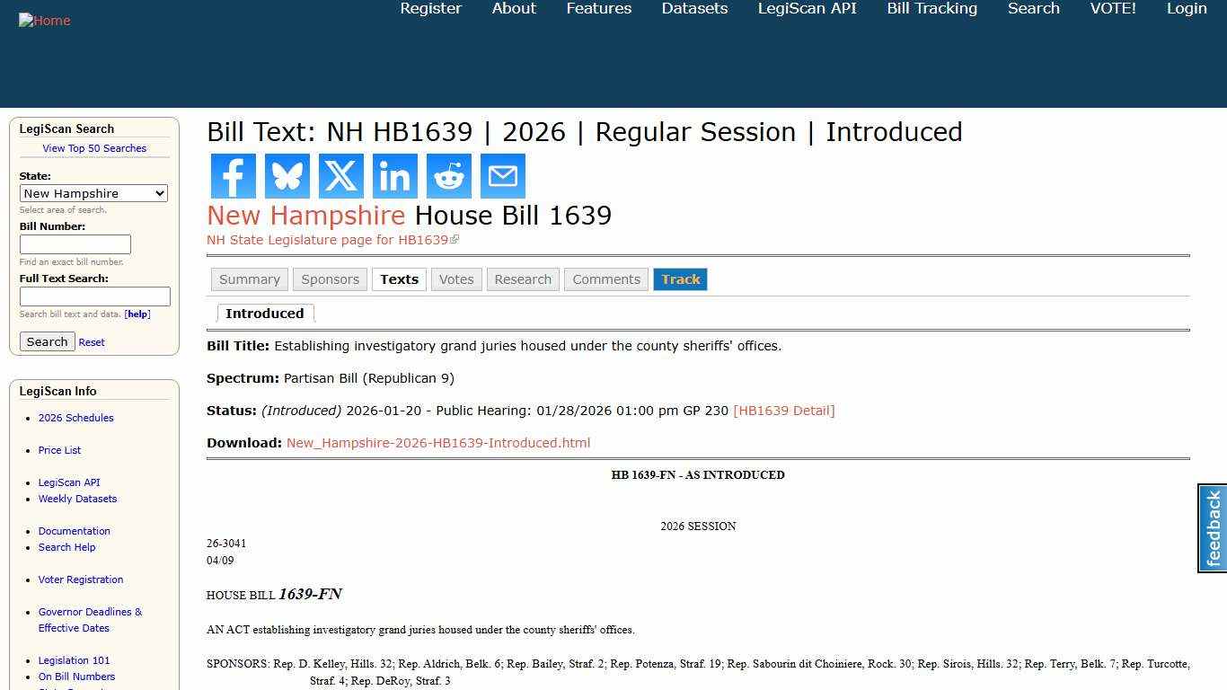 Bill Text: NH HB1639 2026 Regular Session Introduced LegiScan